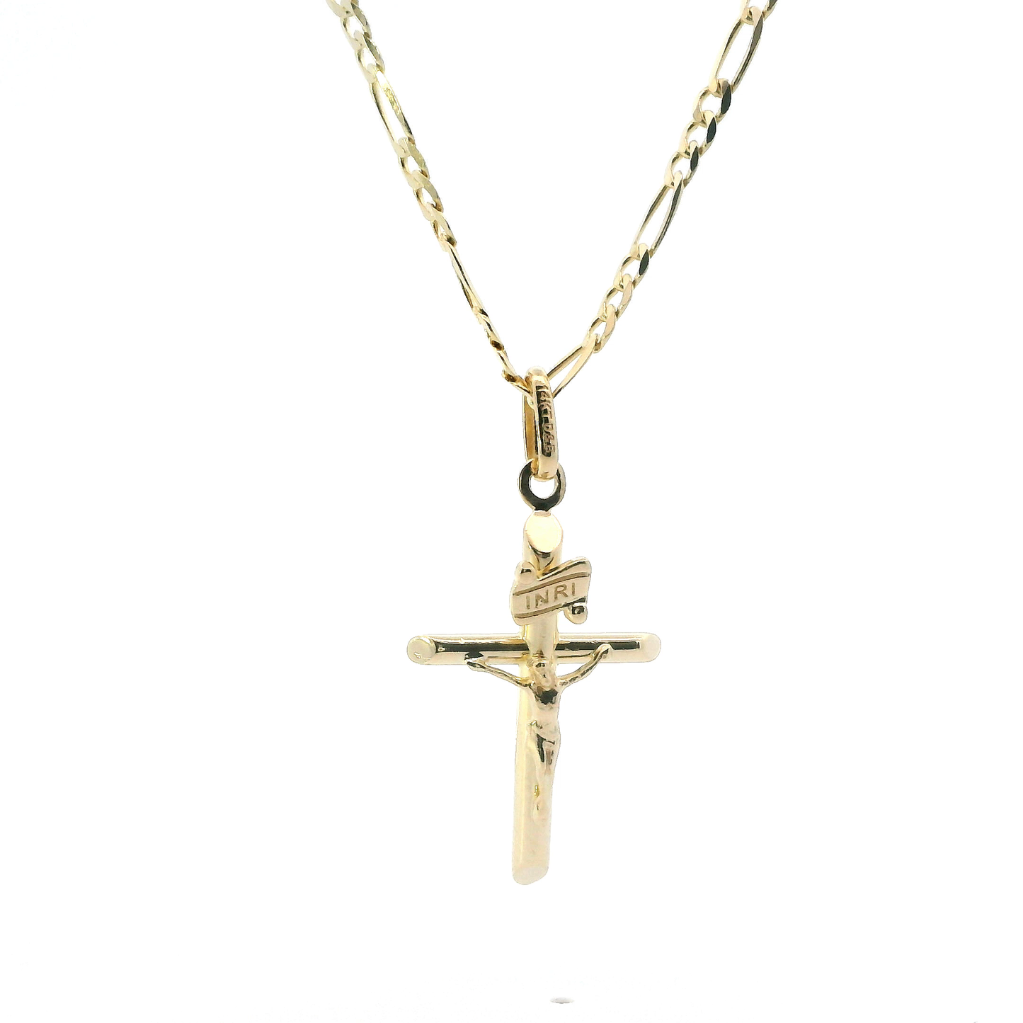 14K Yellow Gold Crucifix Pendant & 18" Figaro Chain