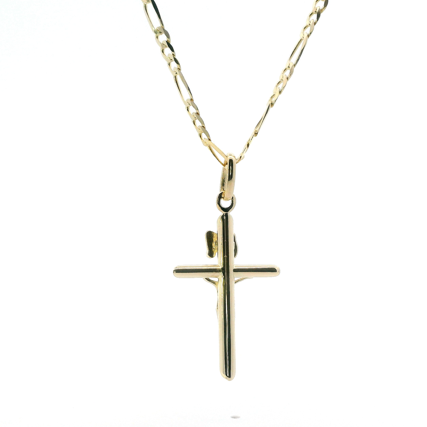 14K Yellow Gold Crucifix Pendant & 18" Figaro Chain