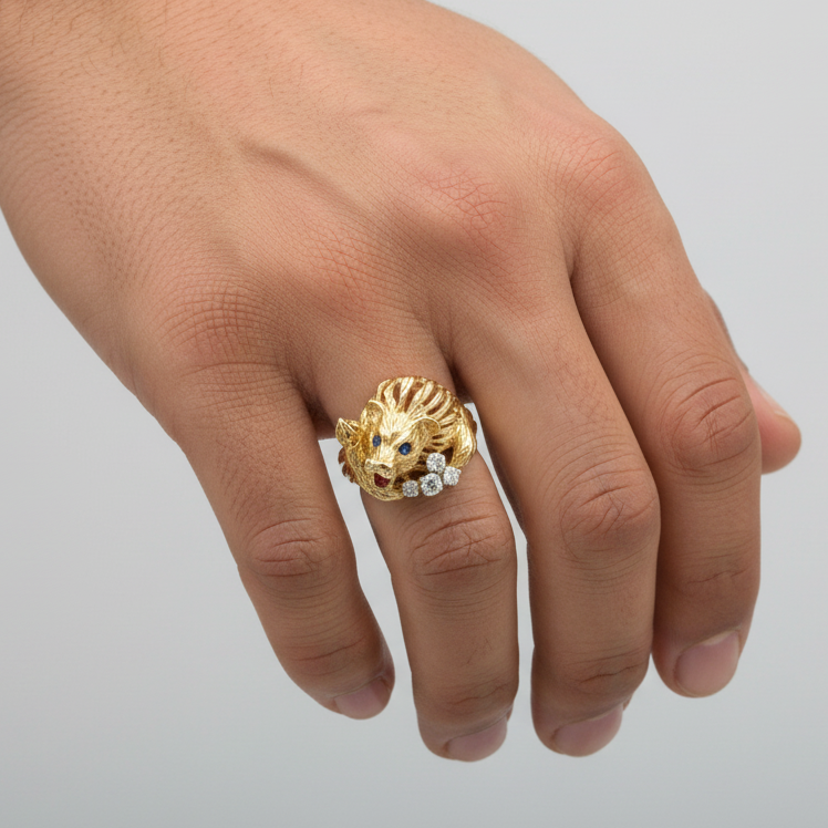 14K Yellow Gold Diamond Lion Ring -0.39ct