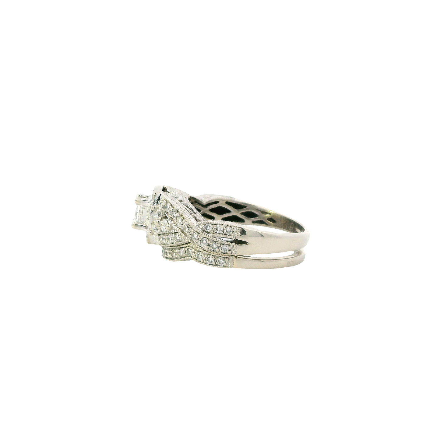 14K White Gold Diamond Engagement & Wedding Ring Set - 0.87ct