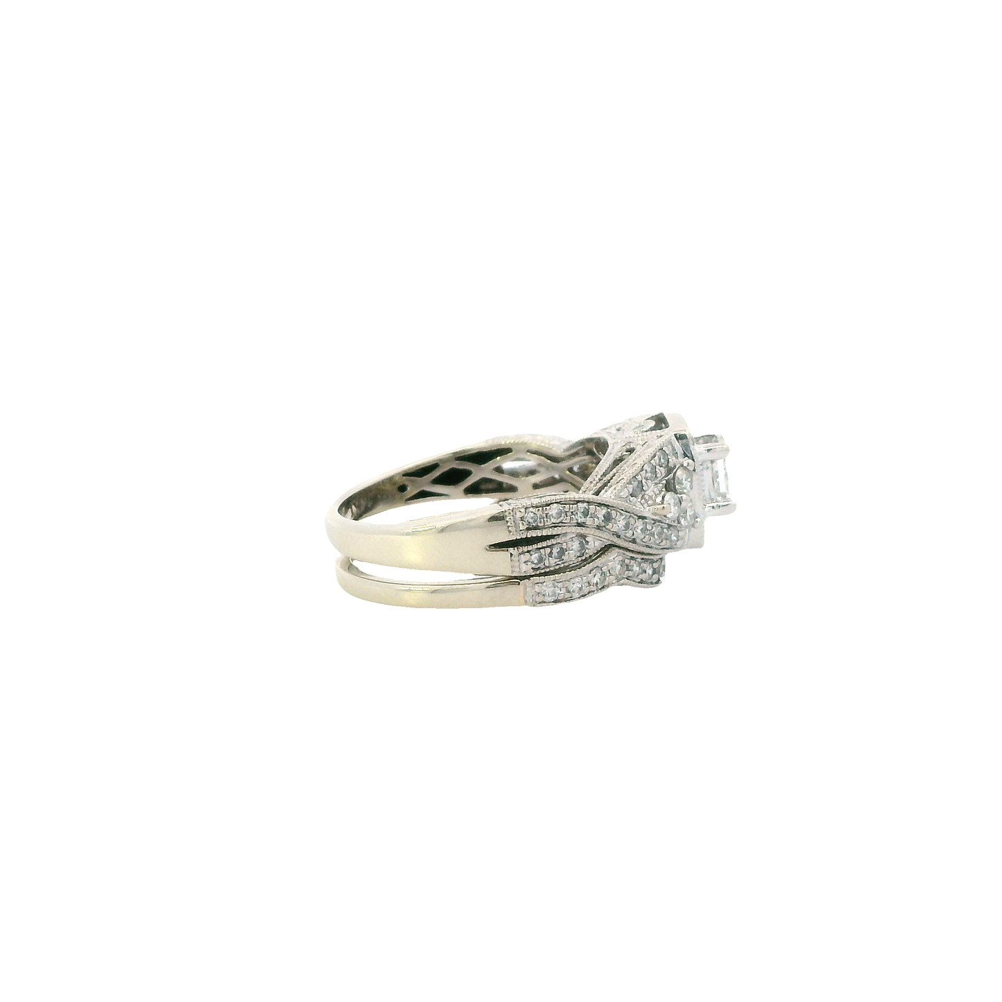 14K White Gold Diamond Engagement & Wedding Ring Set - 0.87ct