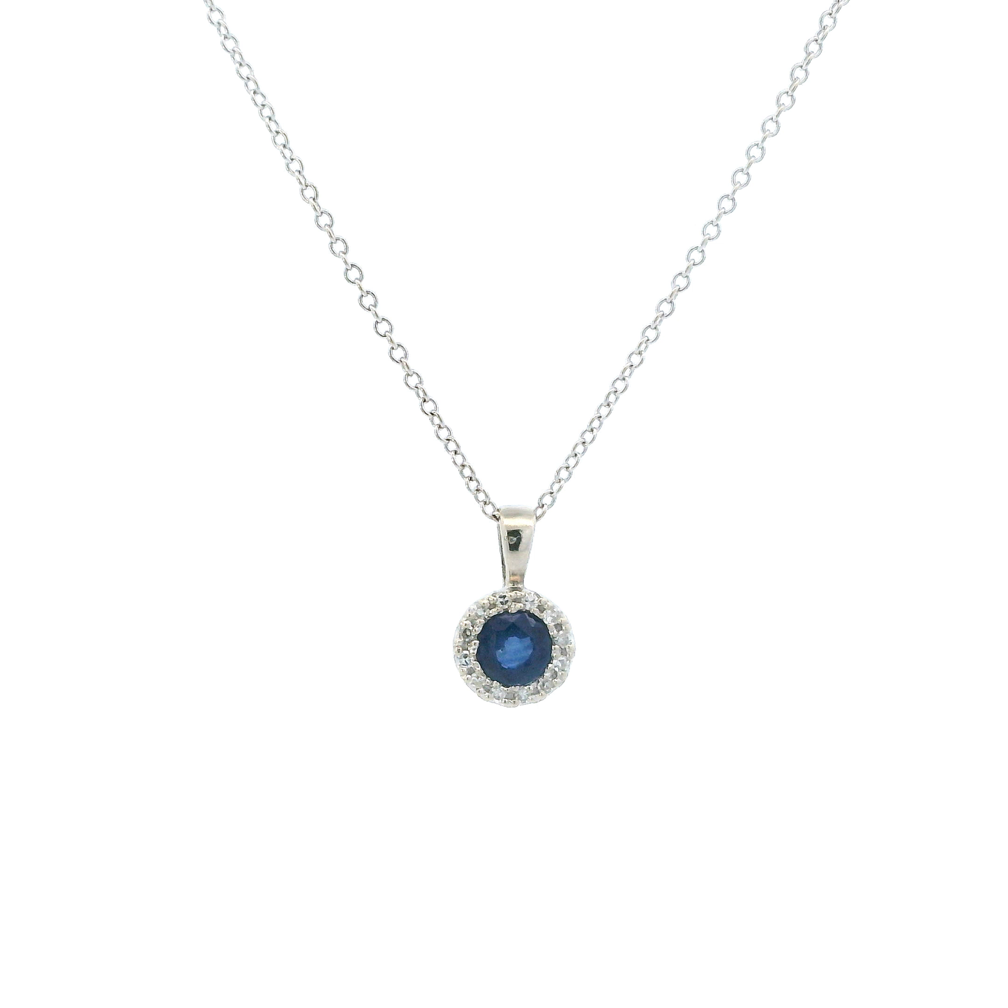 14K White Gold Blue Sapphire Diamond Pendant & 20" Cable Chain -0.05ct