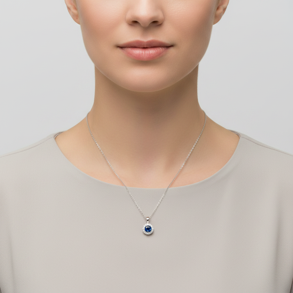 14K White Gold Blue Sapphire Diamond Pendant & 20