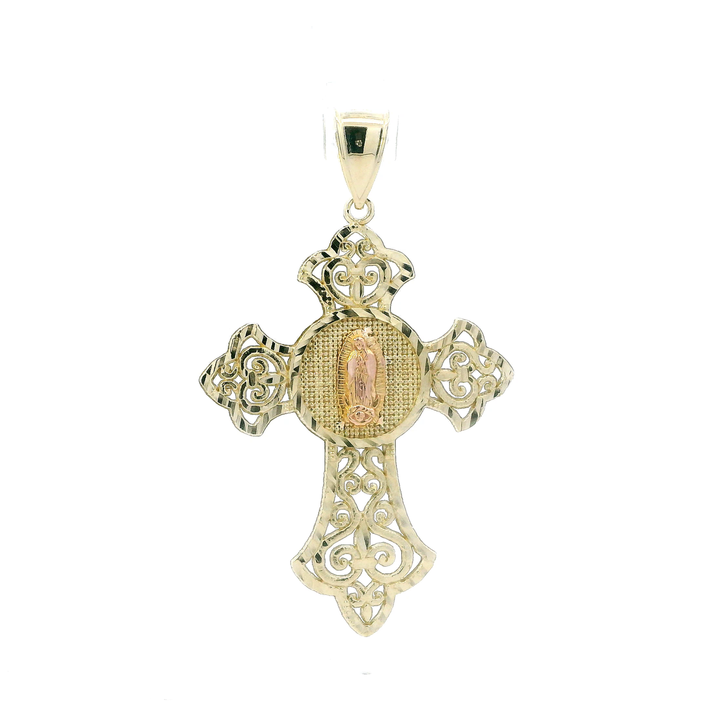 10K Yellow Gold Filigree Virgin Mary Cross Pendant