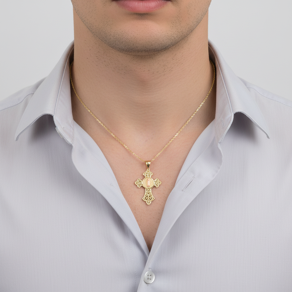 10K Yellow Gold Filigree Virgin Mary Cross Pendant