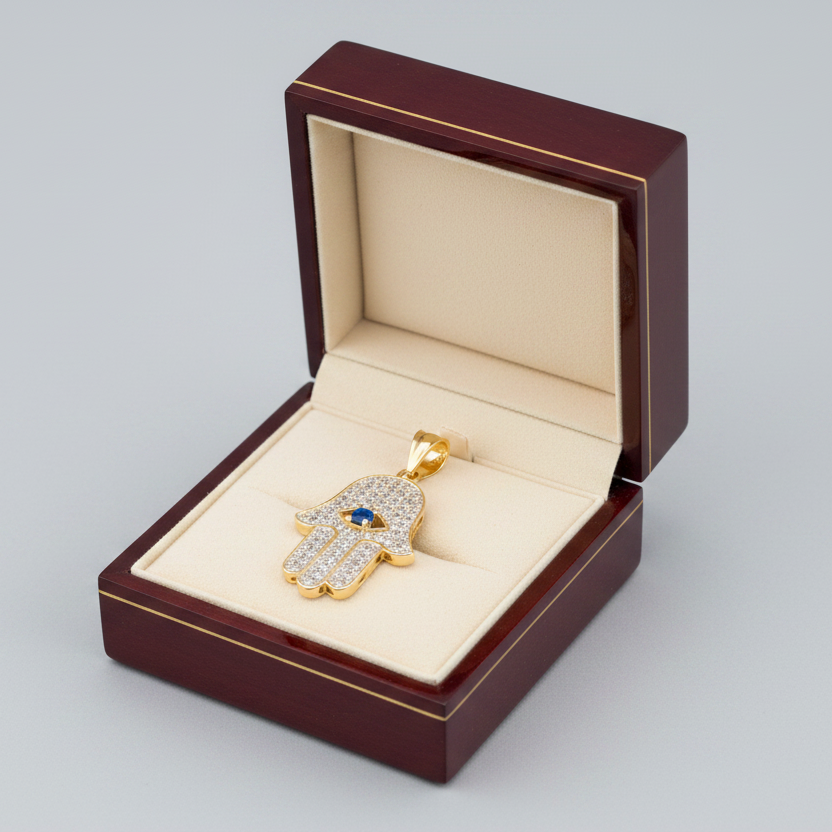 14K Yellow Gold Blue Iolite & Hamsa Hand Pendant