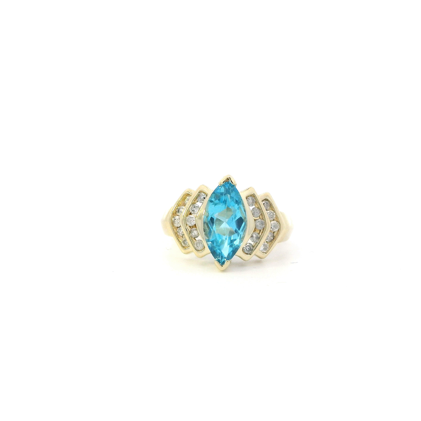 14K Yellow Gold Blue Topaz & Diamond Womens Ring - 0.30ct