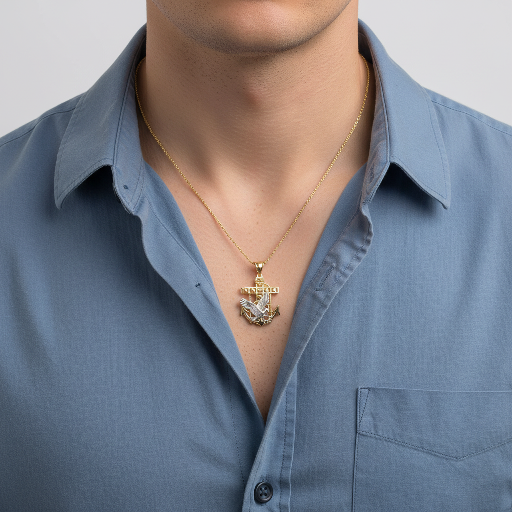 14K Yellow & White Gold Eagle Anchor Pendant