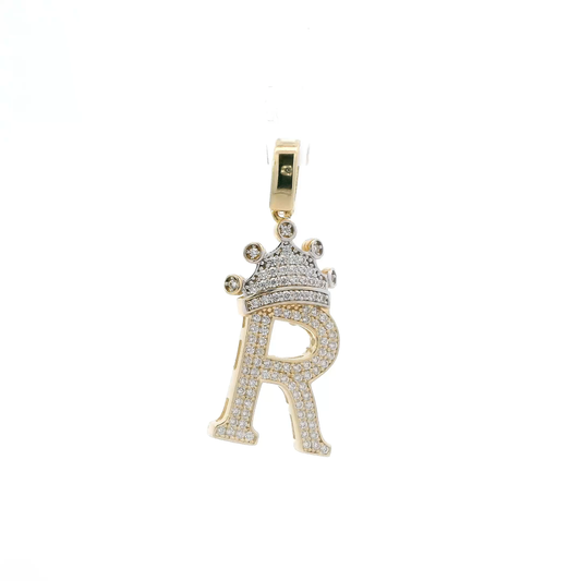 14K Yellow Gold Letter "R" & Crown Pendant