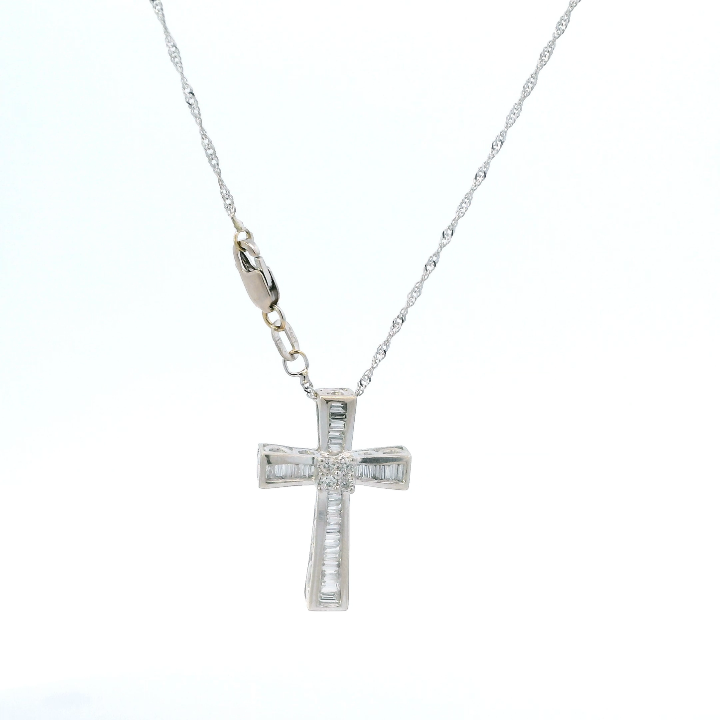 14K White Gold Diamond Cross Pendant & 20" Singapore Chain -0.06ct