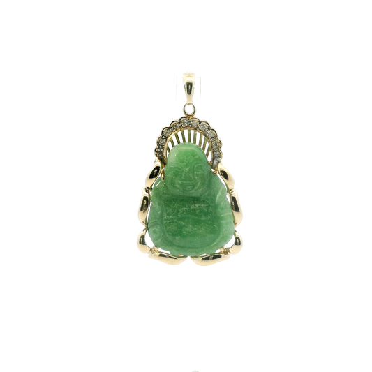 14K Yellow Gold Green Jade Buddha & Diamond Pendant - 0.09ct