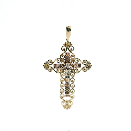 14K Tri Color Gold Filigree Crucifix Pendant
