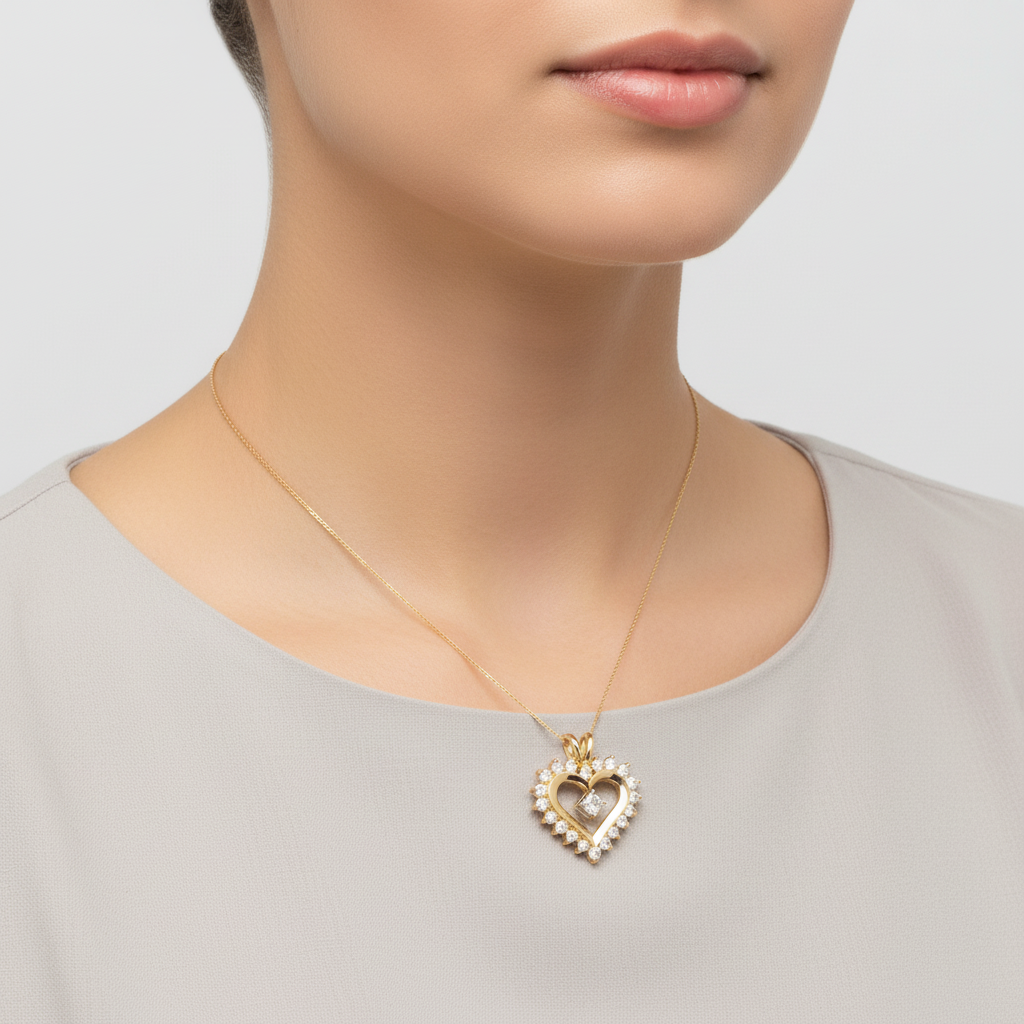 14K Yellow Gold Diamond Heart Pendant -1.23ct