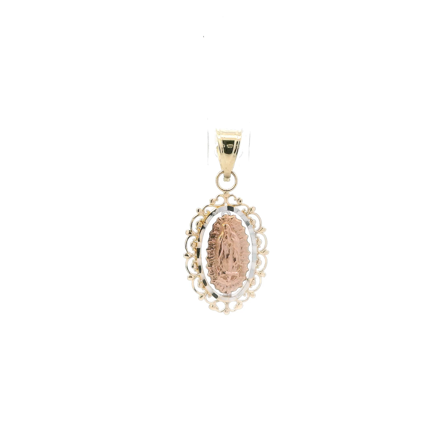 14K Tri Color Gold Oval Virgin Mary Pendant