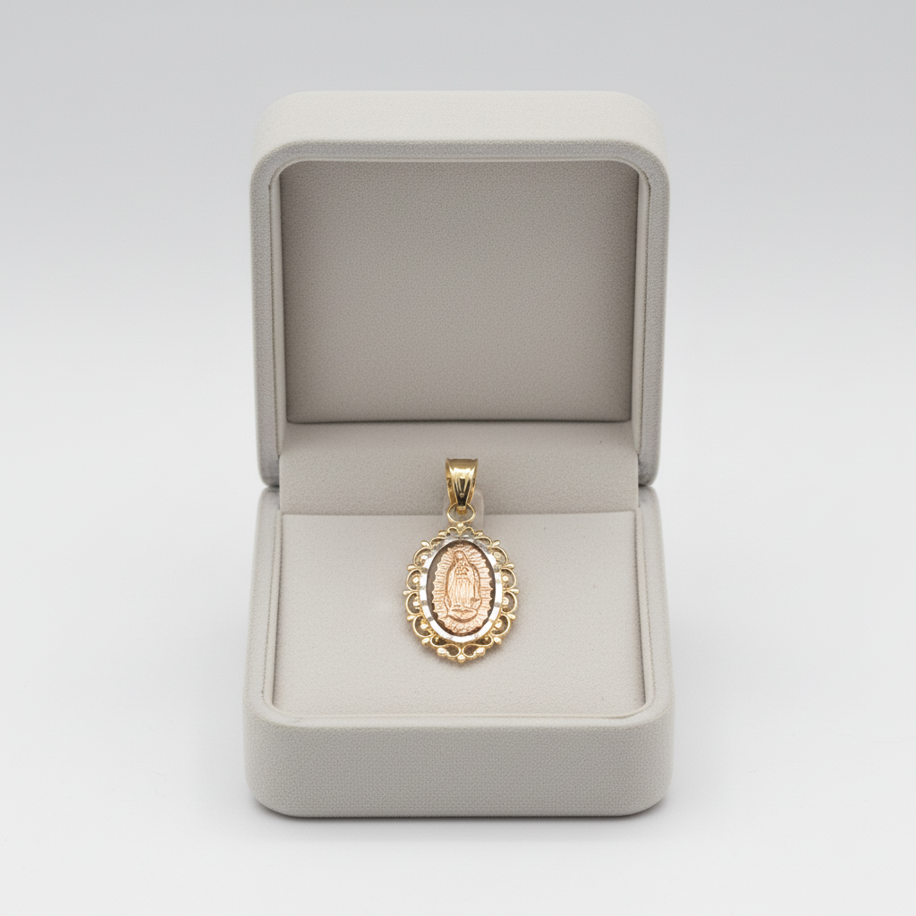 14K Tri Color Gold Oval Virgin Mary Pendant