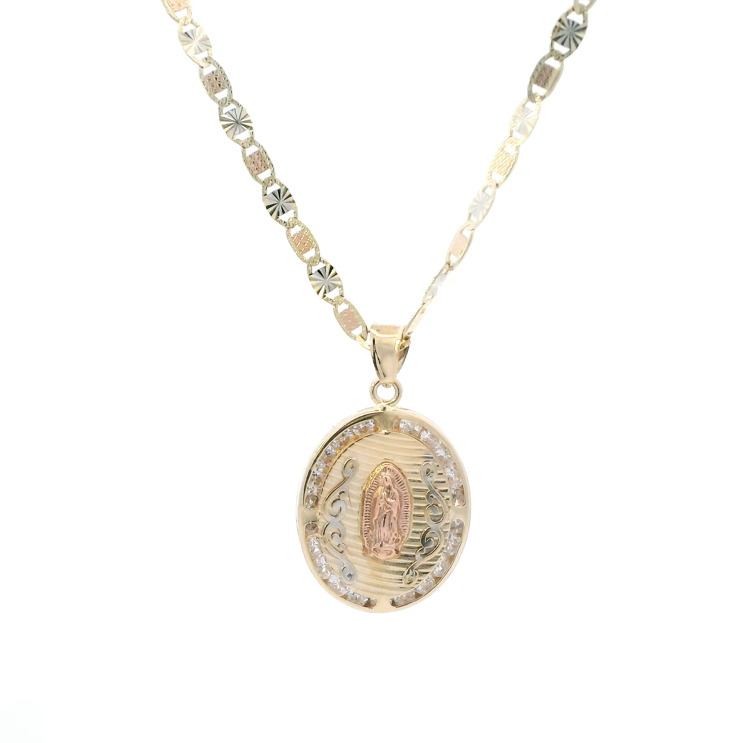 14K Tri Color Gold Virgin Mary Pendant & 20" Mariner Chain