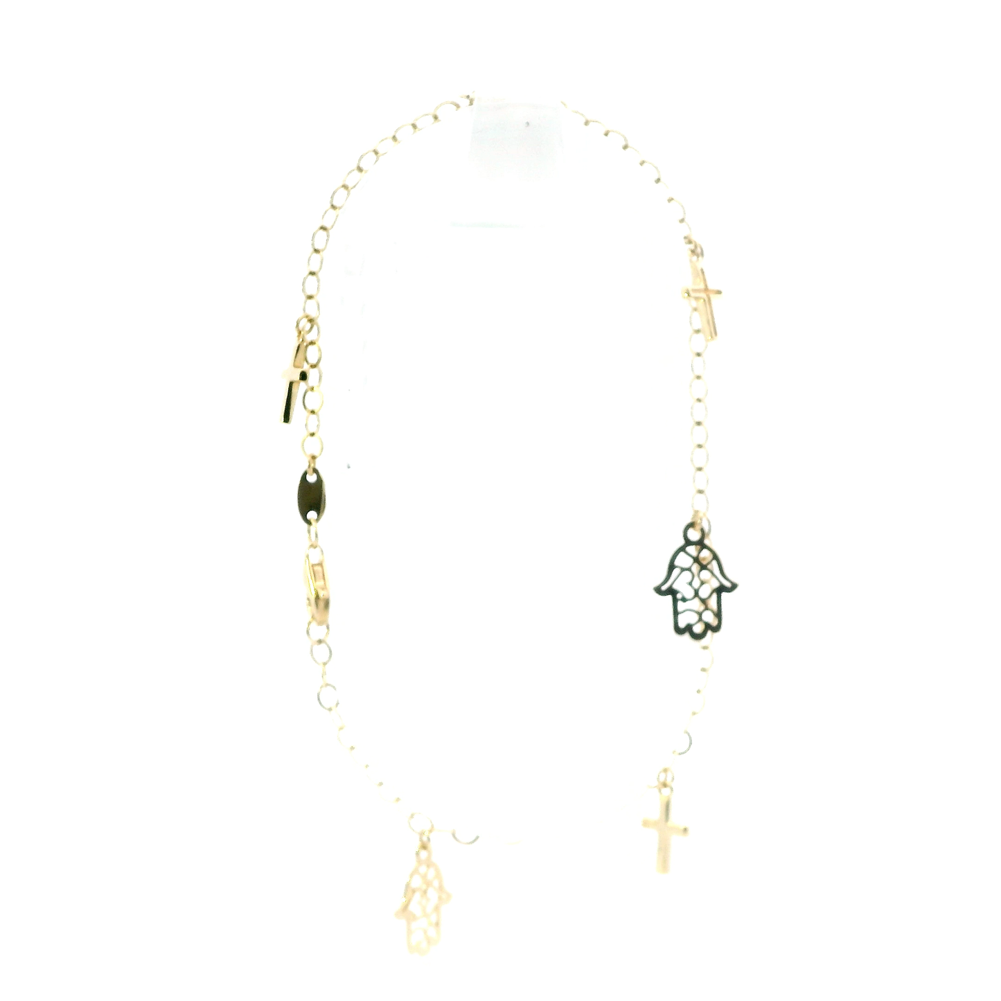 14K Yellow Gold Cross & Hamsa Charm Bracelet