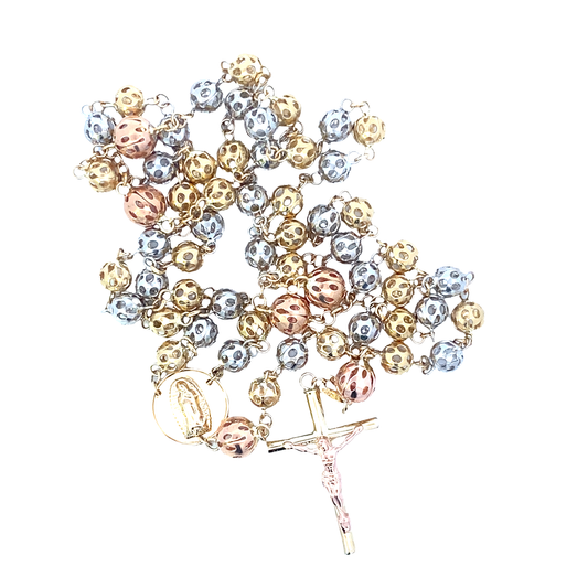 14k Tri Color Beaded Rosary Necklace