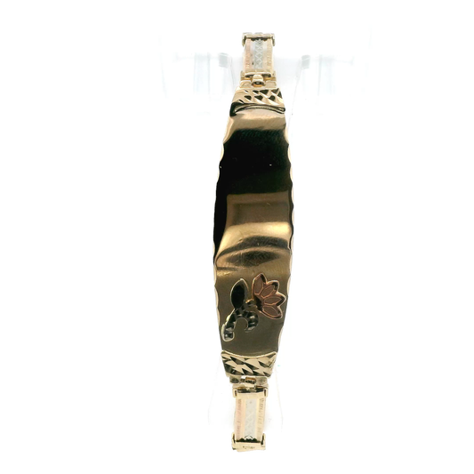 14K Tri Color Gold Flower Bar Linked ID Bracelet