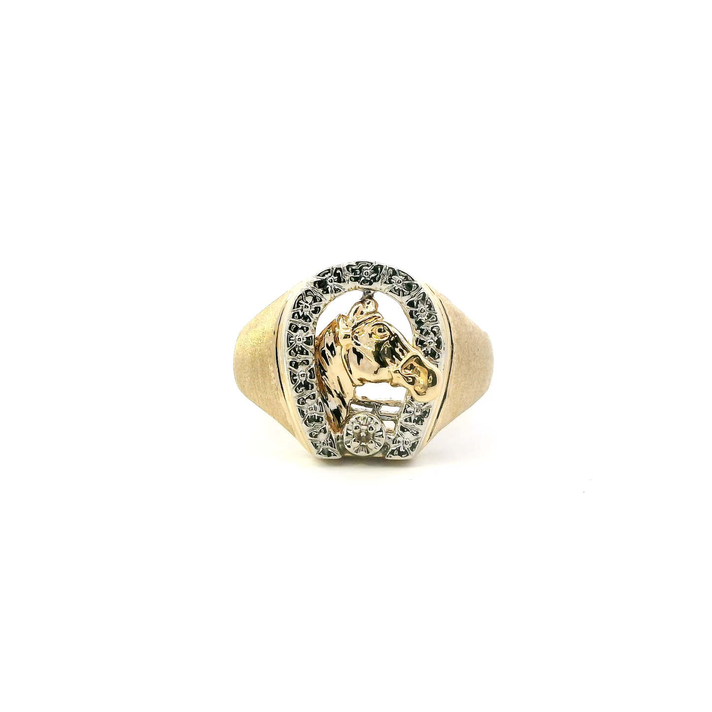 14K Yellow Gold Diamond Horse & Horseshoe Mens Ring - 0.02ct