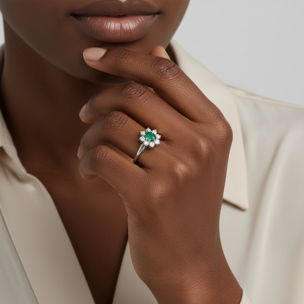14K White Gold Emerald & Diamond Womens Ring - 0.80ct