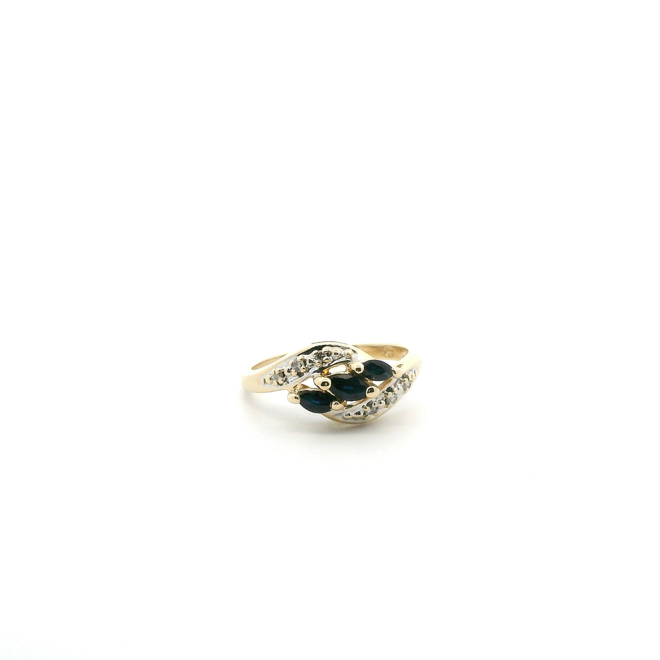 14K Yellow Gold Blue Sapphire & Diamond Womens Ring - 0.05ct