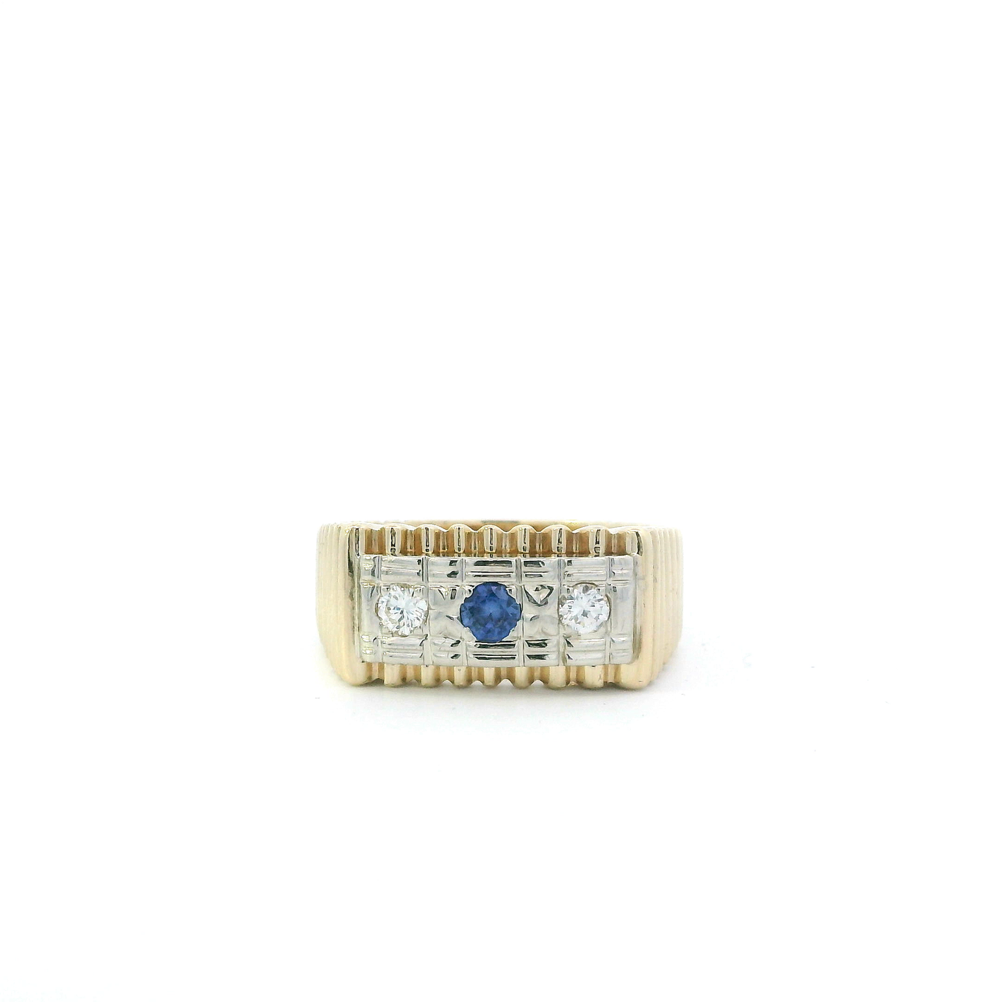 14K Yellow & White Gold Blue Sapphire & Diamond Men's Ring -0.20ct