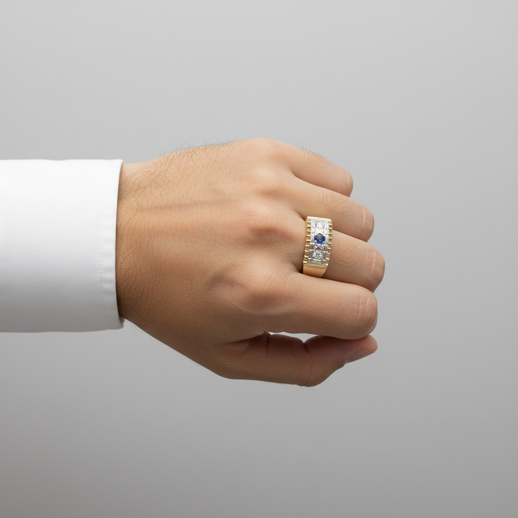 14K Yellow & White Gold Blue Sapphire & Diamond Men's Ring -0.20ct