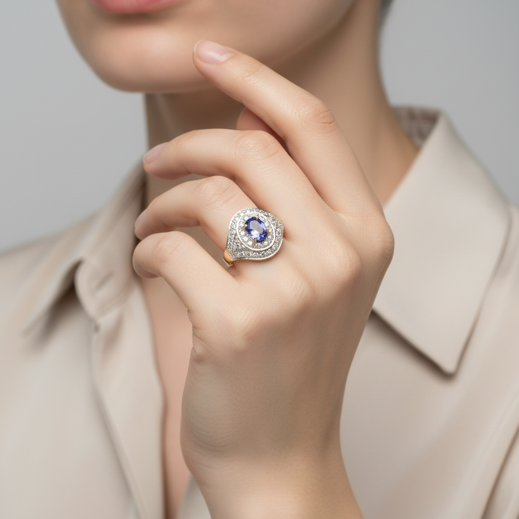 18K Yellow Gold Tanzanite & Diamond Women's Ring - 0.26ct