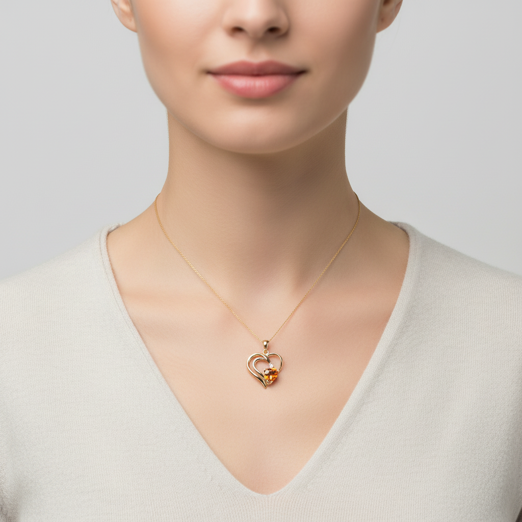 10K Yellow Gold Heart Padparadscha Sapphire & Diamond Heart Pendant - 0.01ct