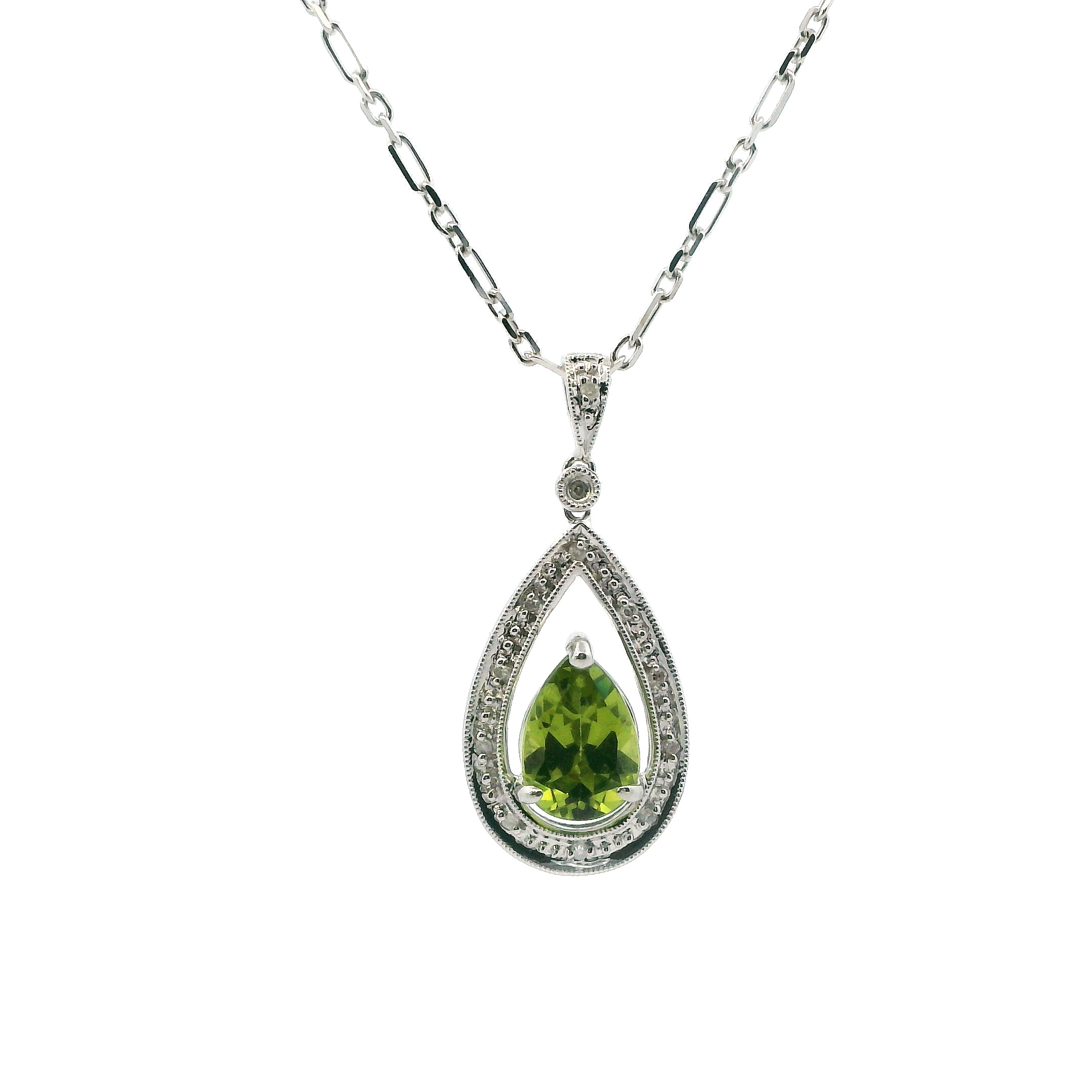 14K White Gold Peridot Pendant & 20