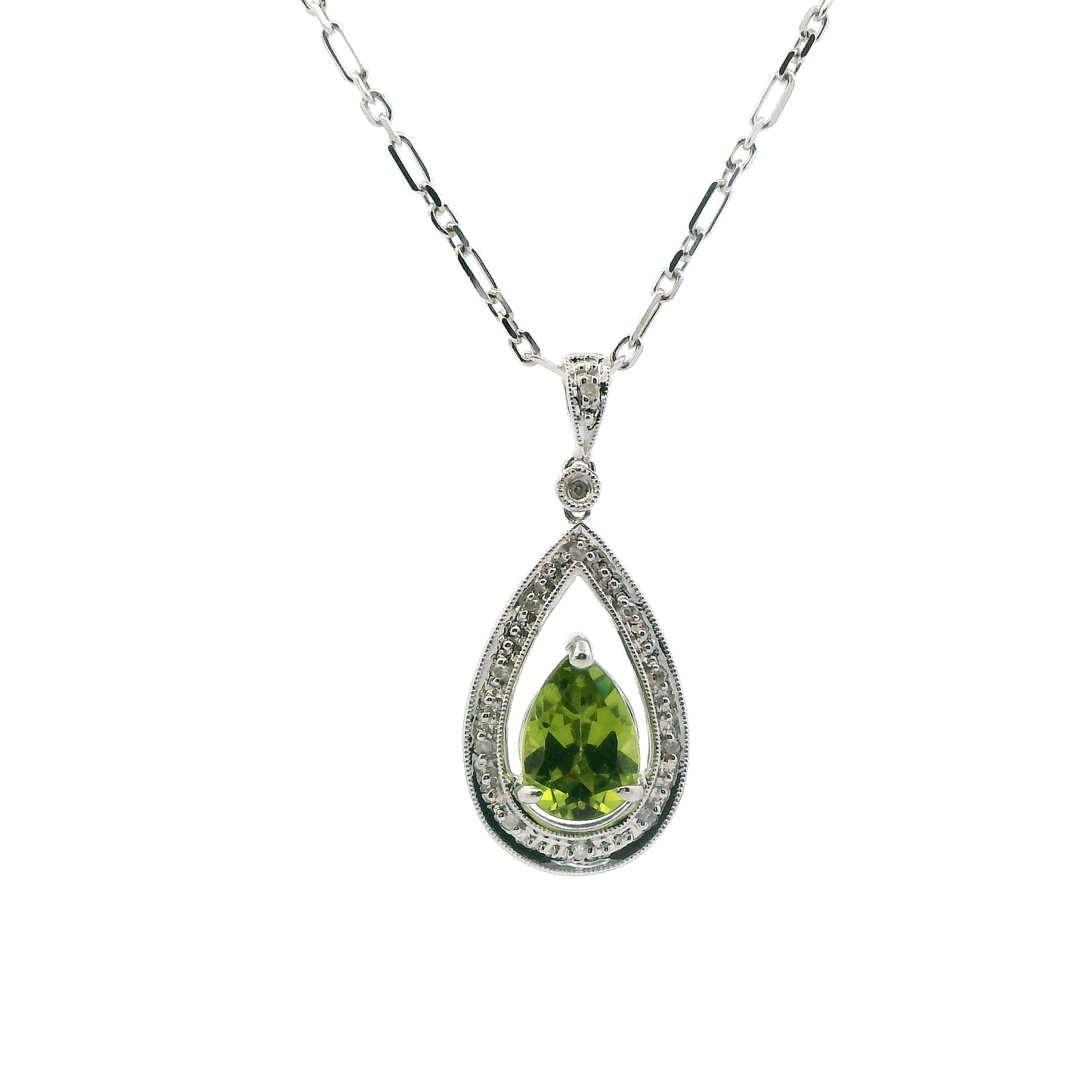 14K White Gold Peridot Pendant & 20" Paperclip Chain