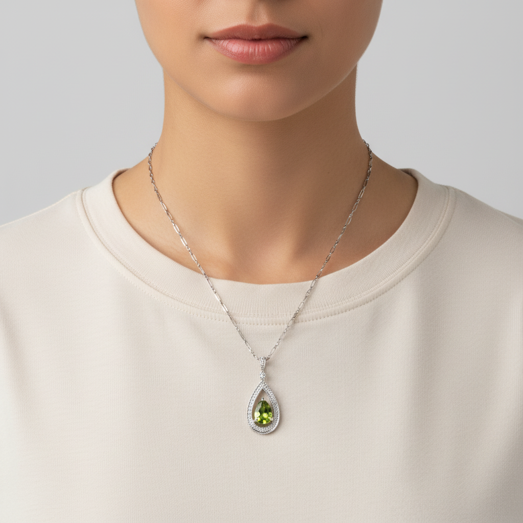 14K White Gold Peridot Pendant & 20