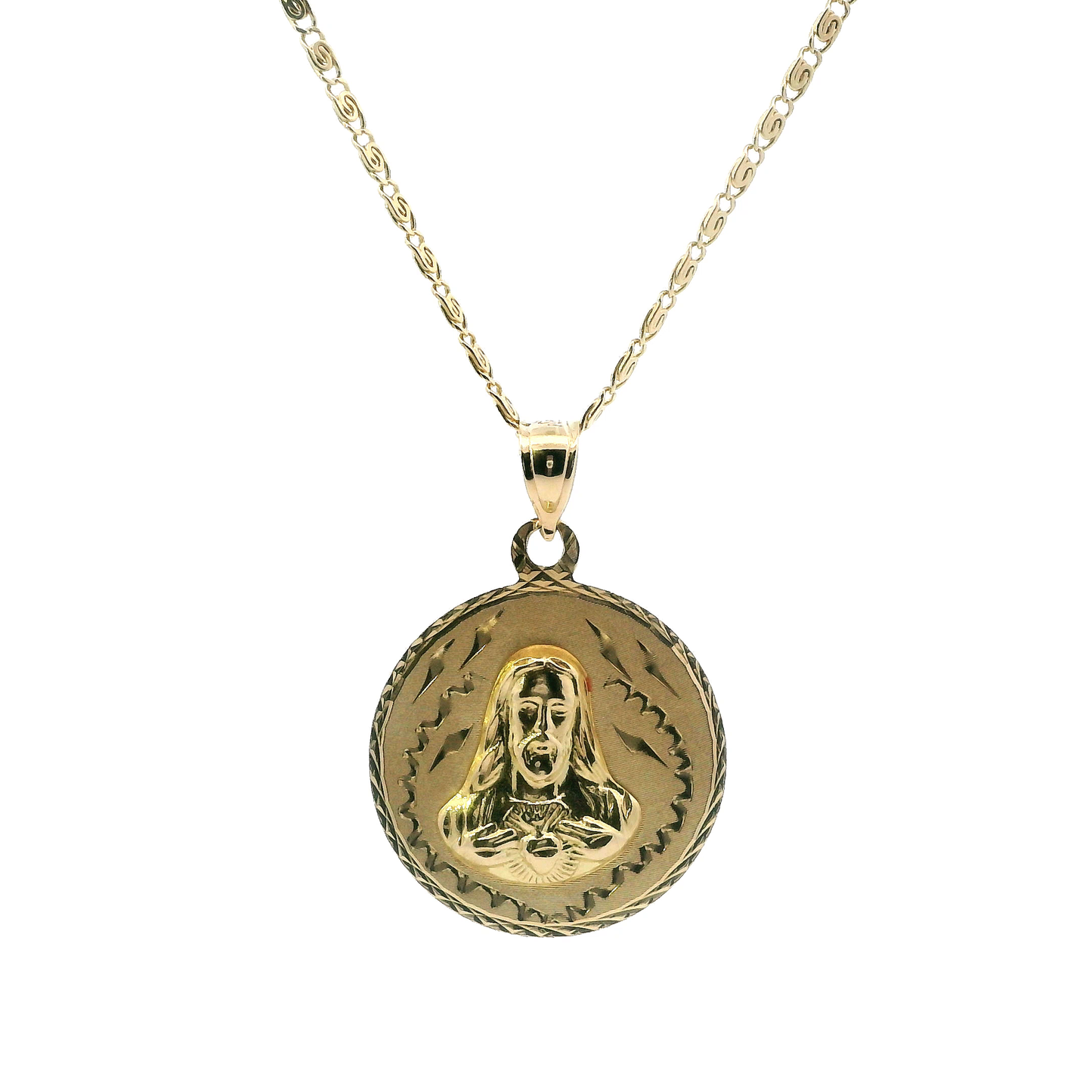 14K Yellow Gold Double Sided Religious Pendant & 20" Snail Chain