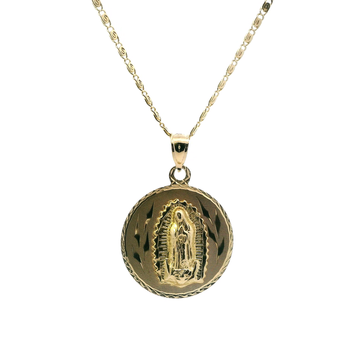 14K Yellow Gold Double Sided Religious Pendant & 20" Snail Chain