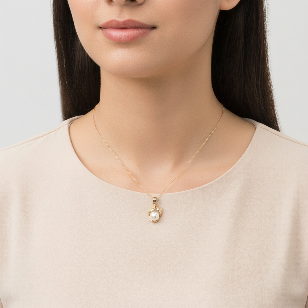 10K Yellow Gold Pearl & Leaves Pendant