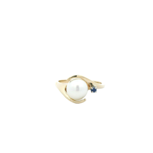 14K Yellow Gold Pearl & Blue Topaz Women's Ring