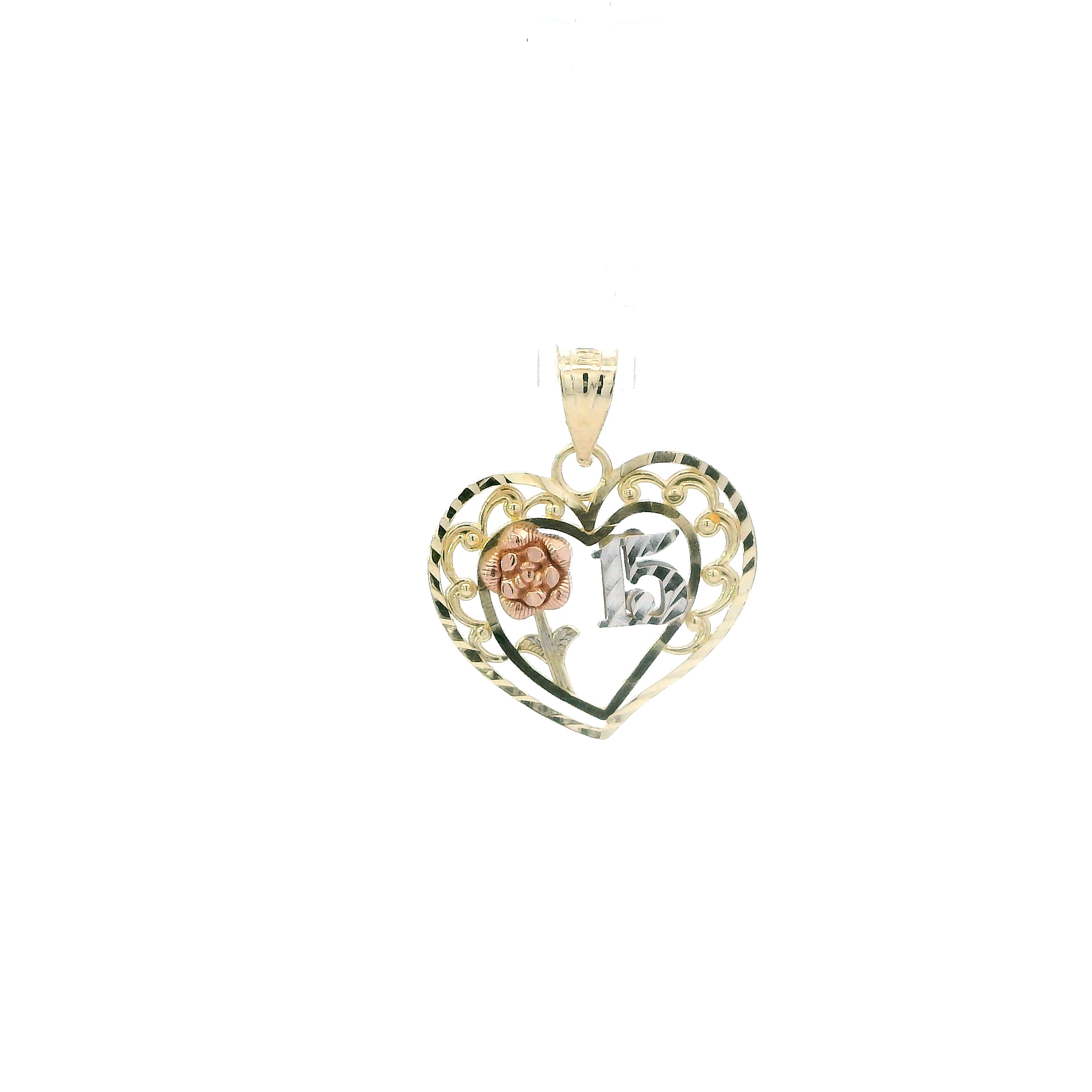 14K Tri Color Gold Rose & Heart 