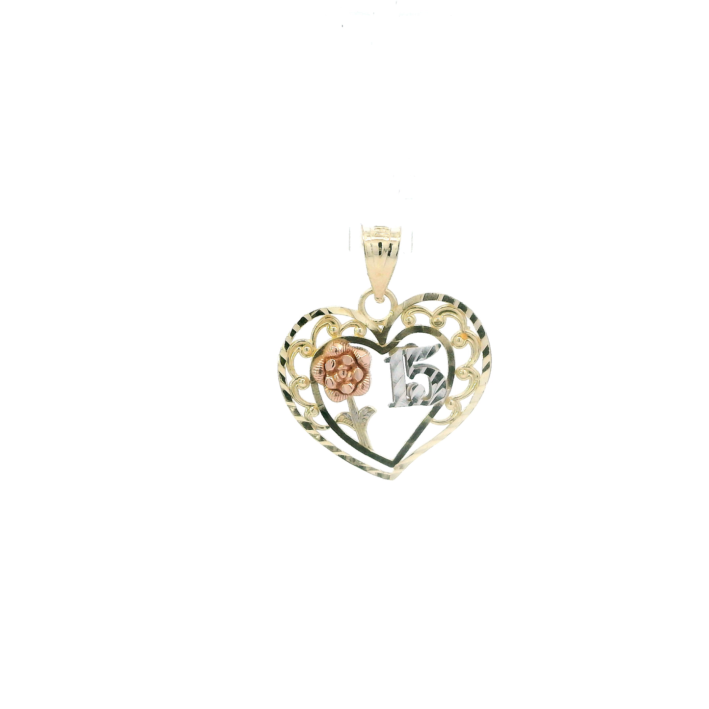 14K Tri Color Gold Rose & Heart "15" Pendant