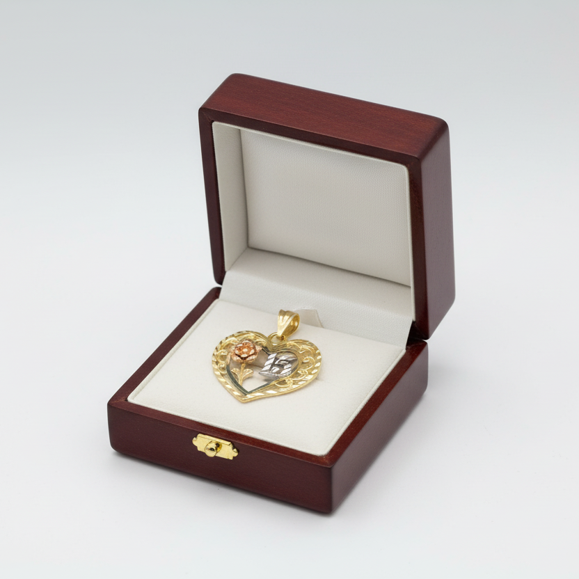 14K Tri Color Gold Rose & Heart "15" Pendant