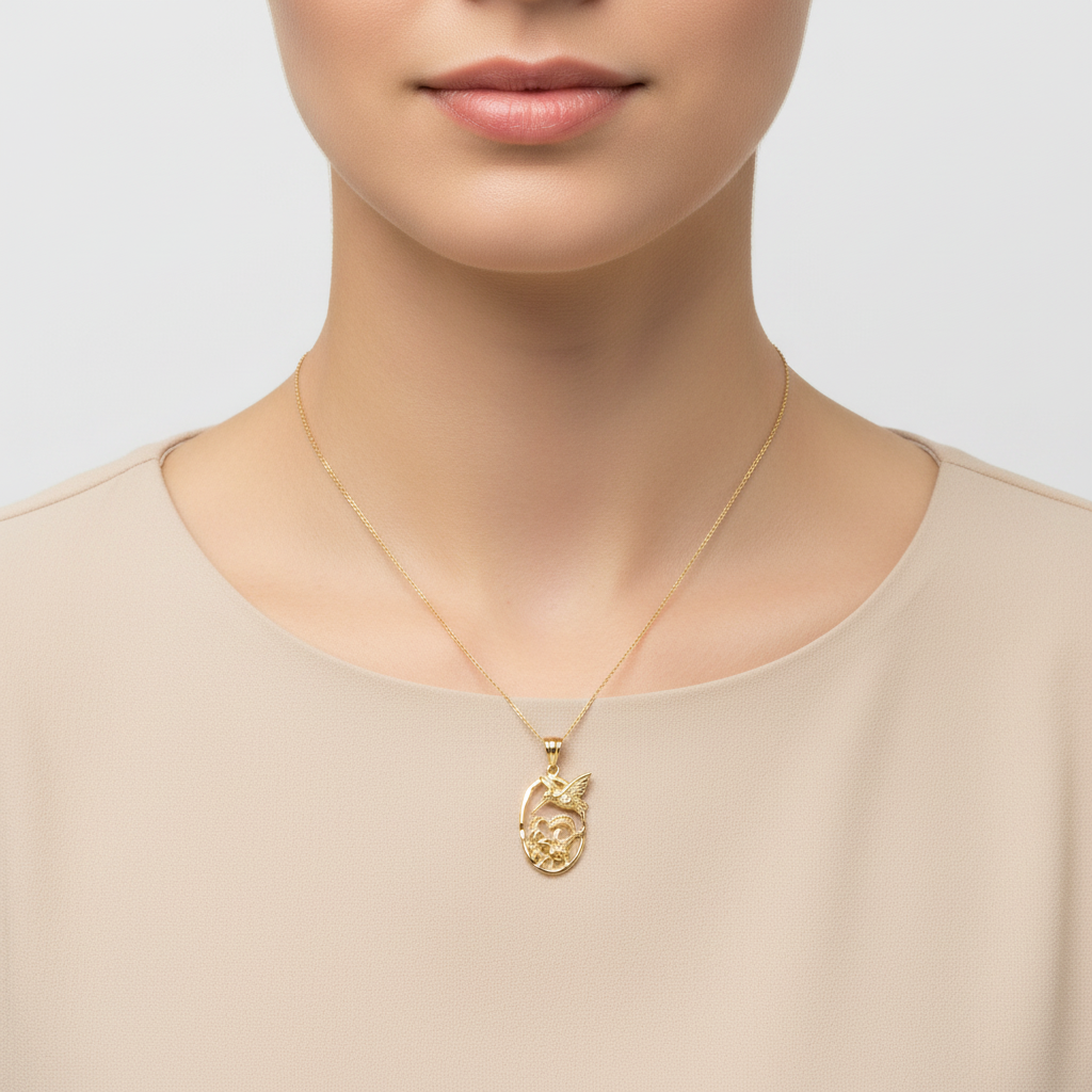 14K Yellow Gold Oval Hummingbird & Star Pendant