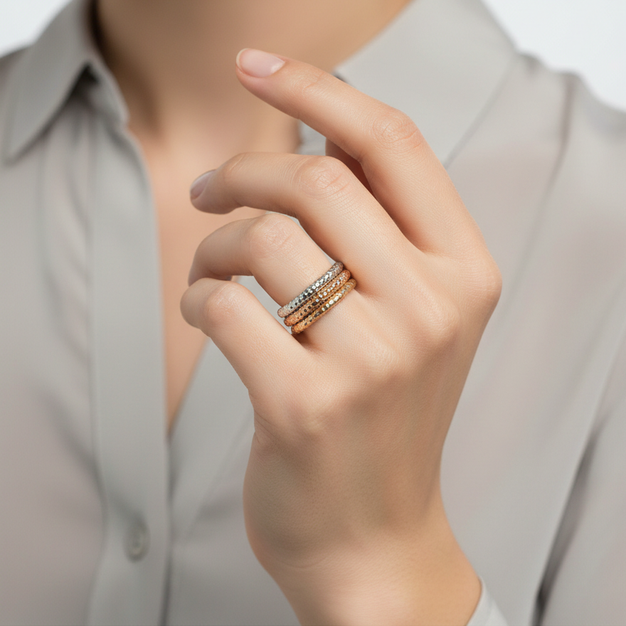 14K Tri Color Hammered Stacked Women's Bands