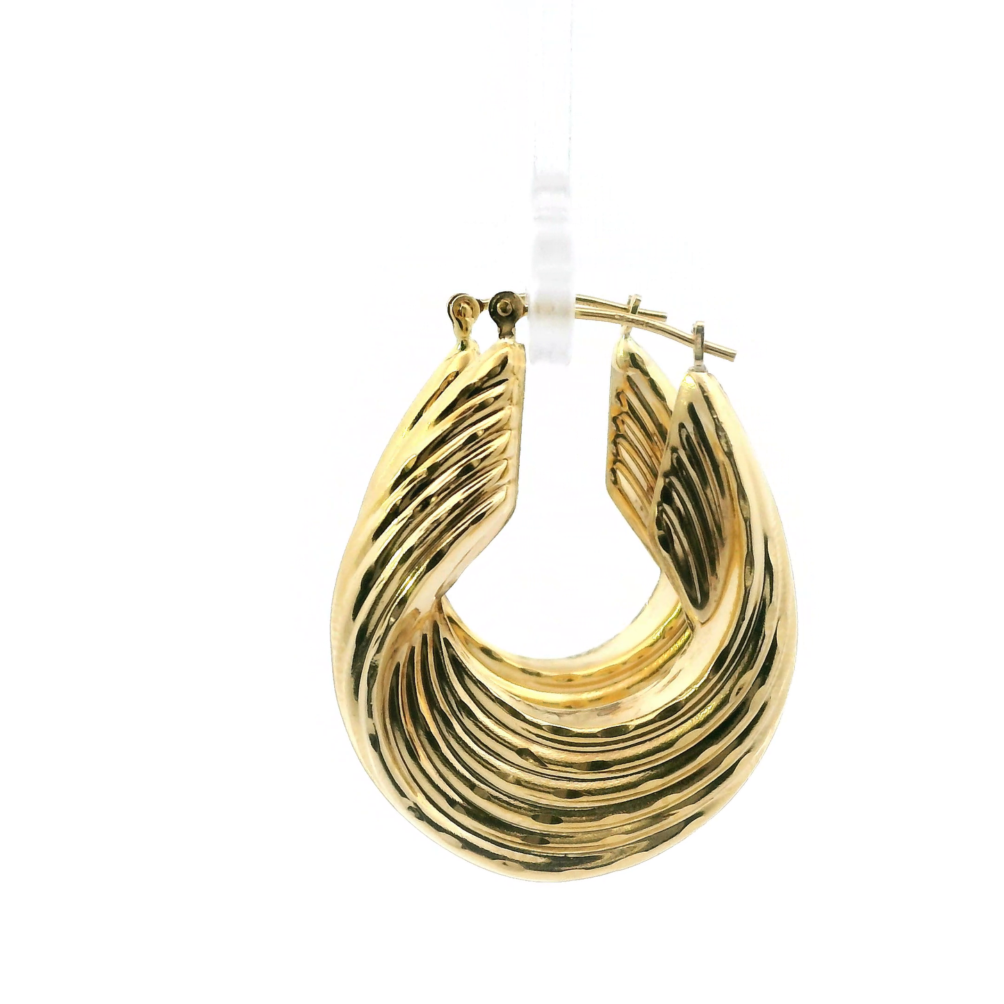 14K Yellow Gold Oval Ribbed Hollow Hoop Earrings