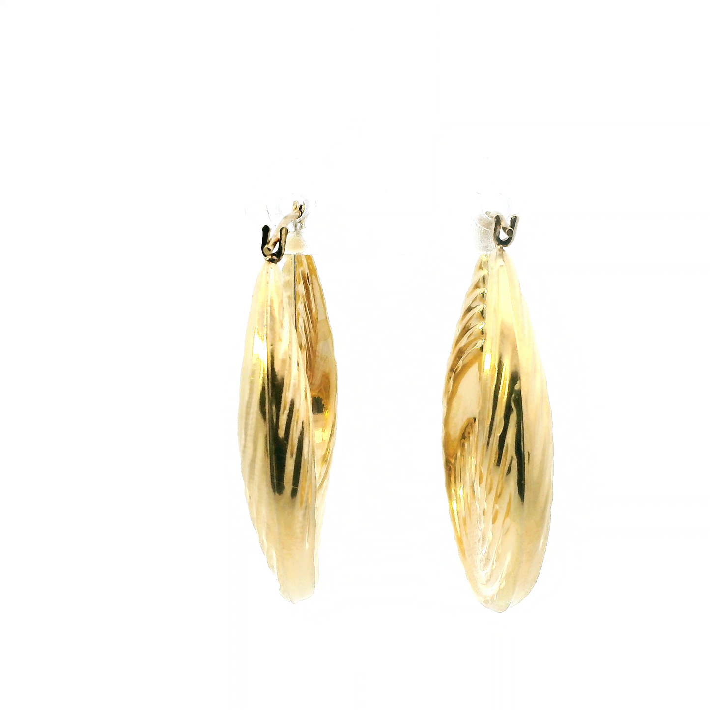 14K Yellow Gold Oval Ribbed Hollow Hoop Earrings