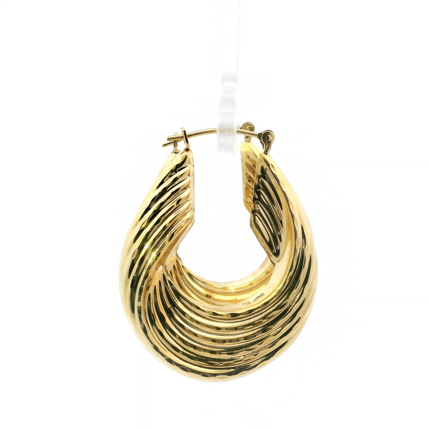 14K Yellow Gold Oval Ribbed Hollow Hoop Earrings