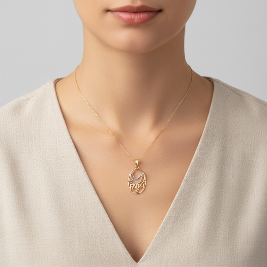 14K Yellow & White Gold Oval Dove & "Faith" Pendant