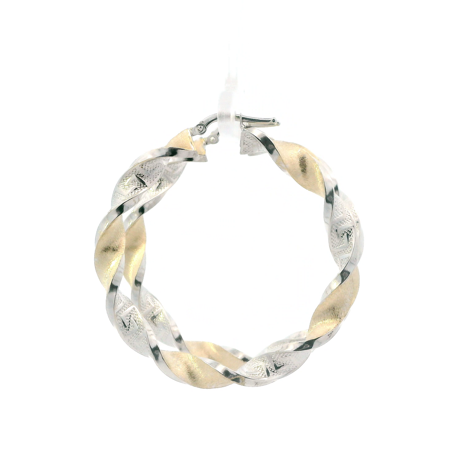 14K Yellow & White Gold Greek Design Twisted Hoop Earrings