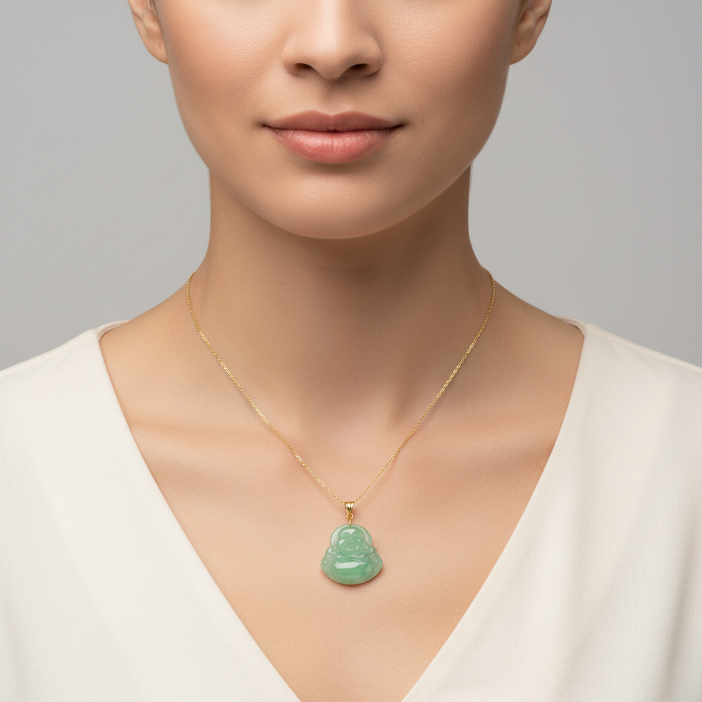 10K Yellow Gold Green Jade Buddha Pendant