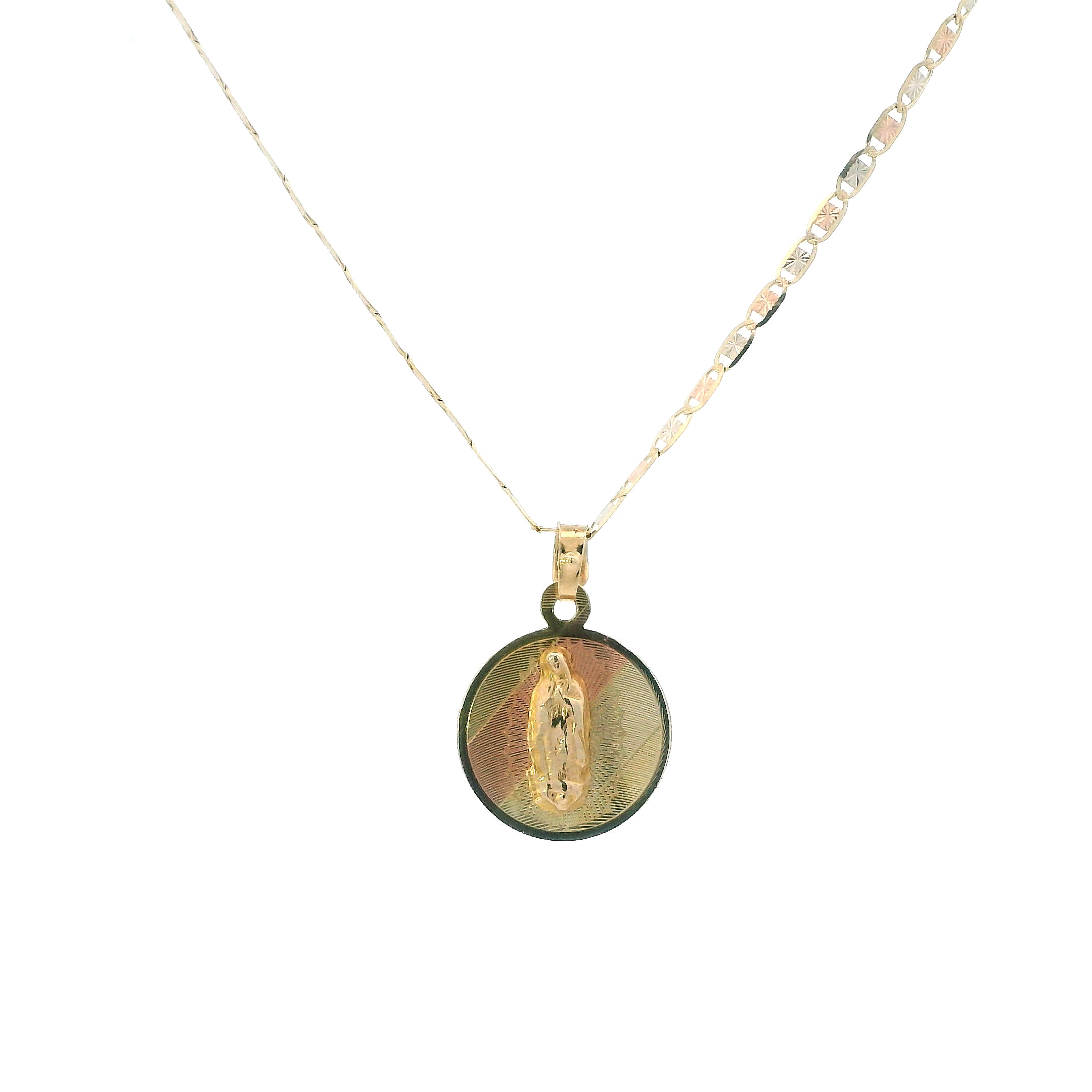 14K Tri Color Round Virgin Mary Pendant & 20