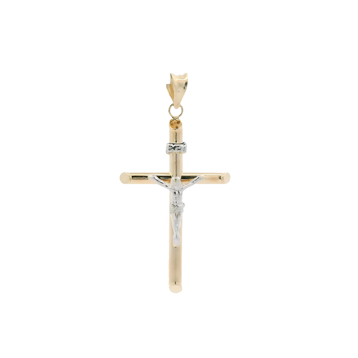 14K Yellow & White Gold Tube Crucifix Pendant